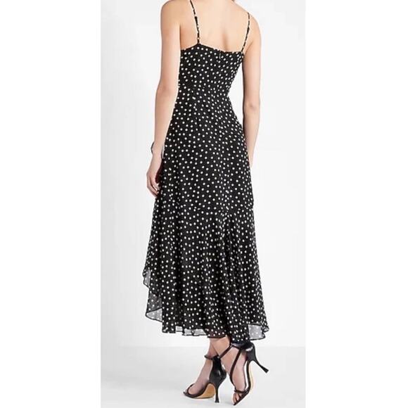 Express Polka Dot Ruffle Wrap Front Hi-Lo Maxi Dress - Picture 7 of 7